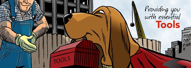 The IMI hound dog, tracker, has a red toolbox in his mouth and is going to provide you with tools for your insurance business